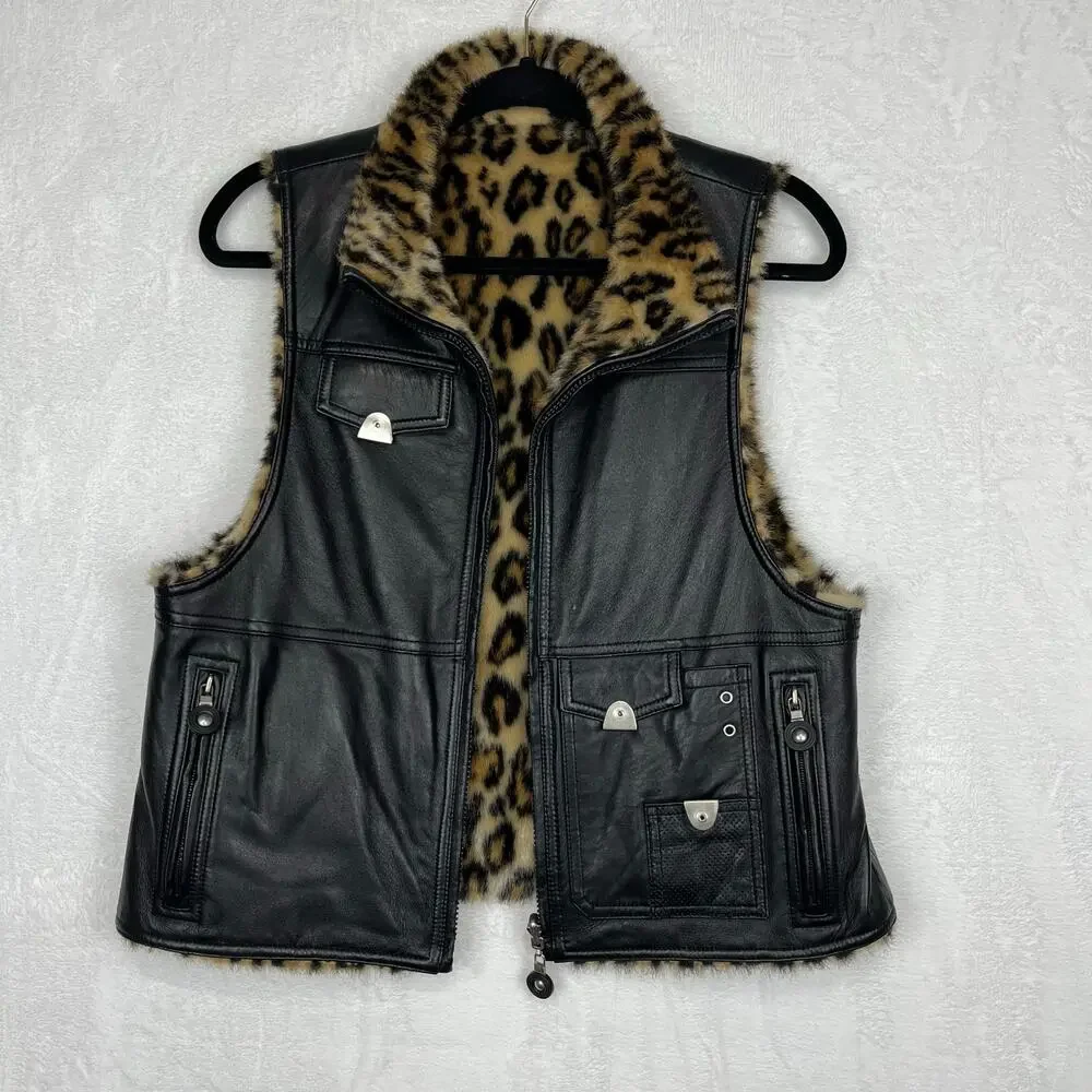 Jamie Sadock Black Leather and Leopard Faux Fur Reversible Zip up Vest Medium - Picture 3 of 16